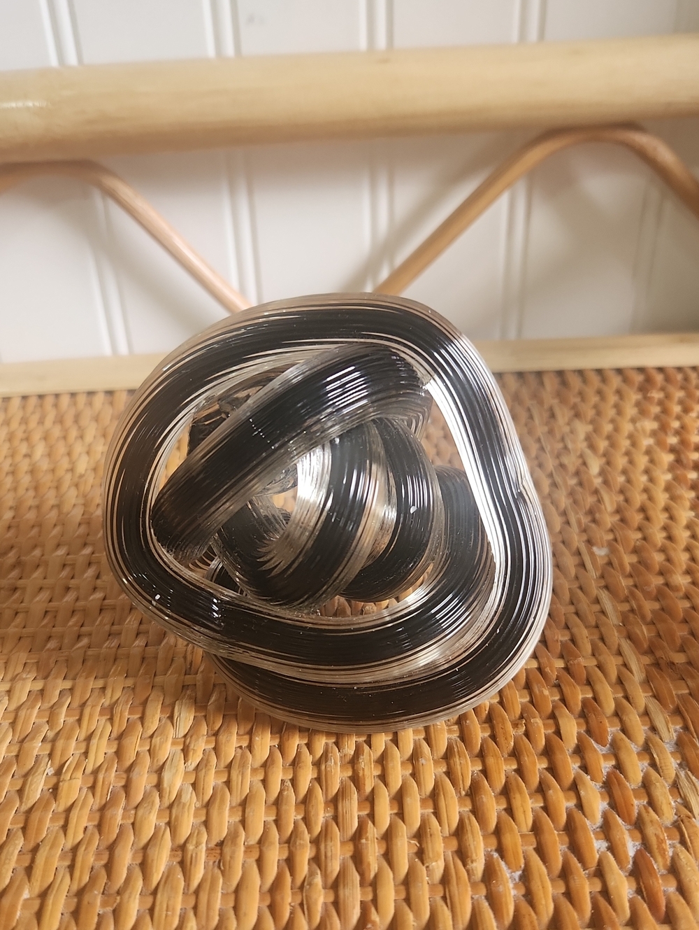 Vintage Blown Art Glass BLACK / CLEAR Case Textured Infinity Rope Knot Sculpture